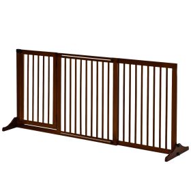 Freestanding Length Adjustable Wooden Pet Gate with Lockable Door 3 Panels, Brow