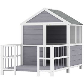 Outdoor Dog House, 61"L Wooden Dog House with Porch, Weatherproof Roof