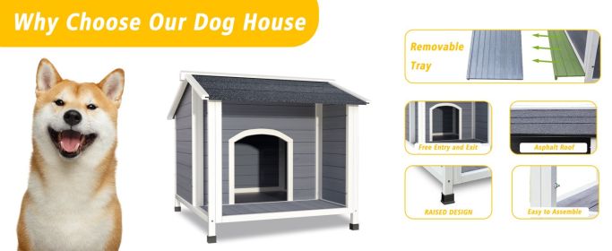 Outdoor Dog House, Weatherproof Dog Shelter with Asphalt Roof, Raised Floor