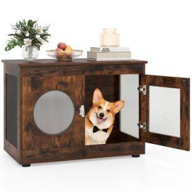 2-in-1 Dog Crate End Table - Rustic Brown, 88lbs Capacity, Farmhouse Style, 32.5